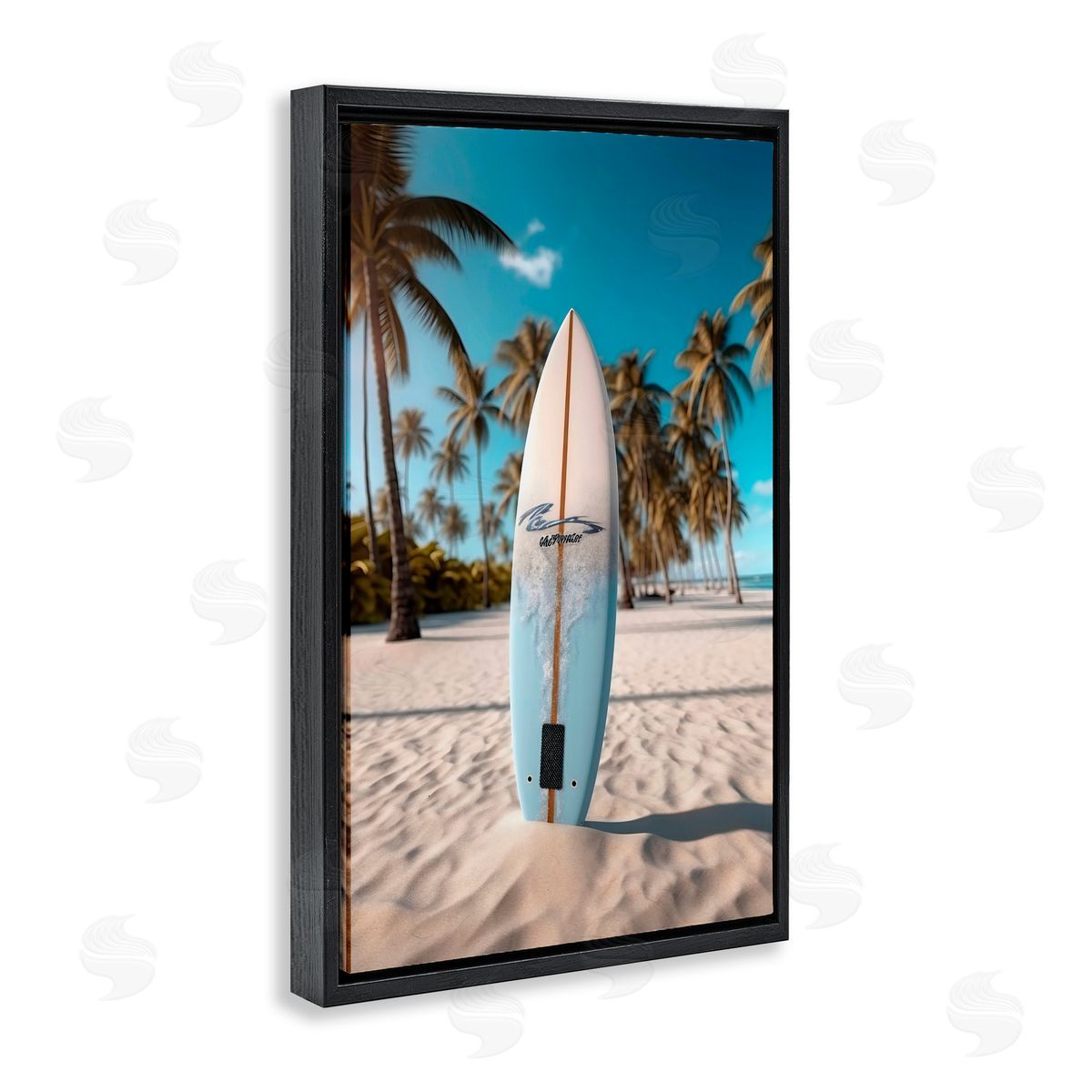 LSR Design Studio Standing Surfboard Coastal Blur Black Floating Frame Canvas Wall Art Print