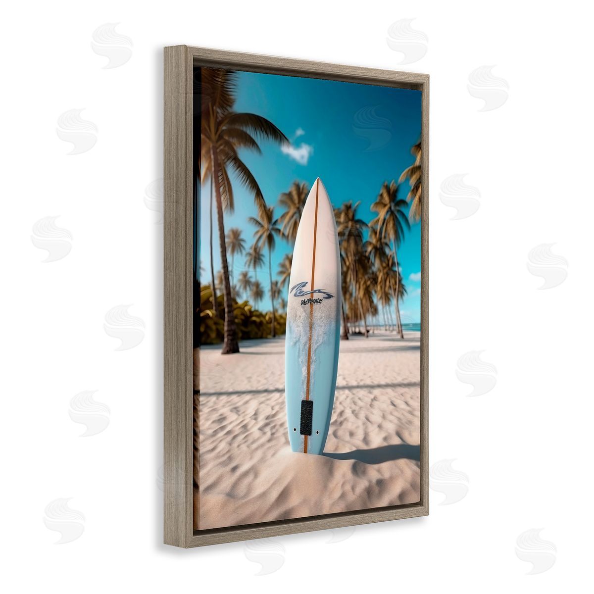LSR Design Studio Standing Surfboard Coastal Blur Brown Floating Frame Canvas Art Print