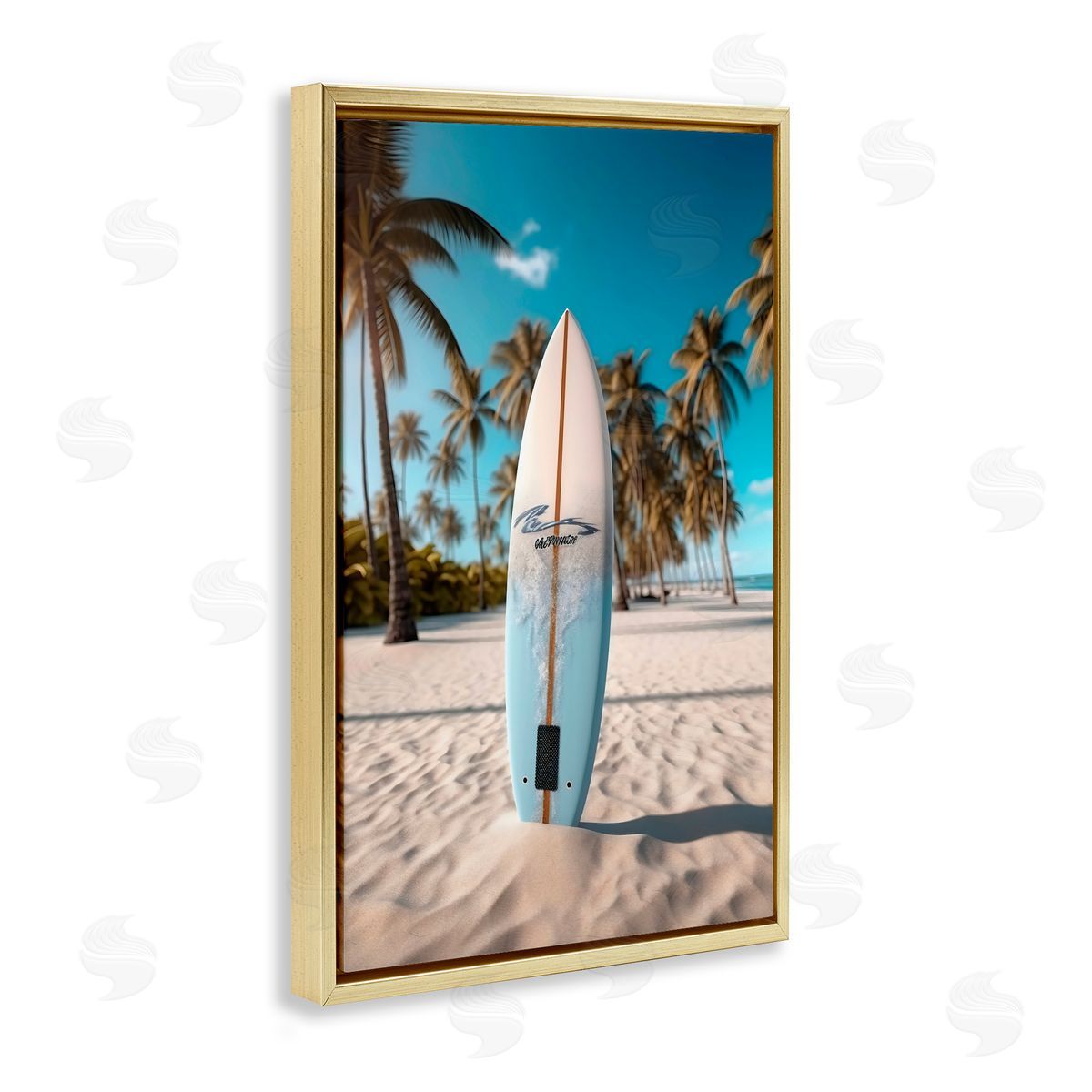 LSR Design Studio Standing Surfboard Coastal Blur Gold Floating Frame Canvas Art Print