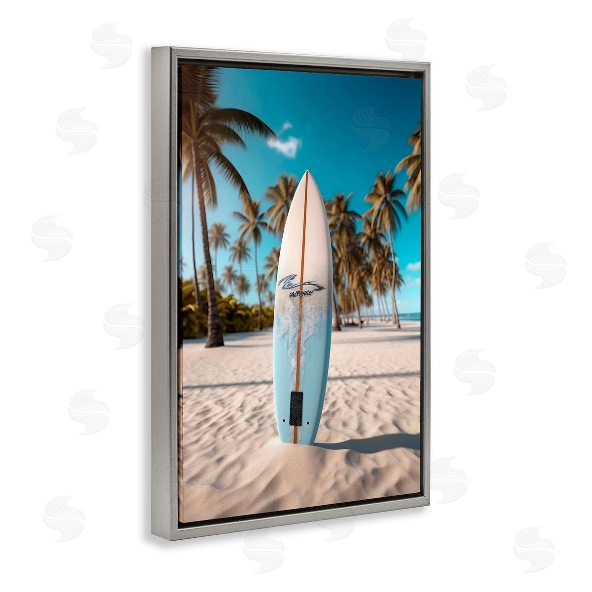 LSR Design Studio Standing Surfboard Coastal Blur Gray Floating Frame Canvas Art Print