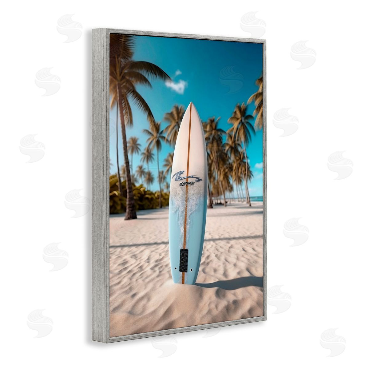 LSR Design Studio Standing Surfboard Coastal Blur Gray Framed Giclee Art Print