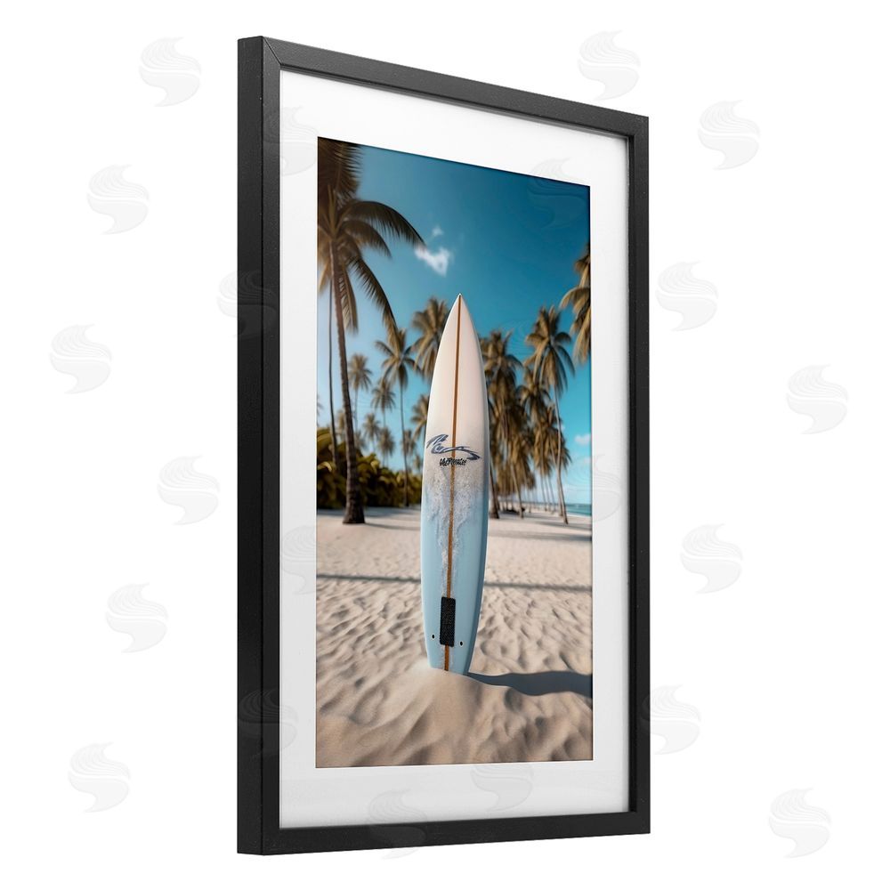 LSR Design Studio Standing Surfboard Coastal Blur Black Framed Print Under Glass Art