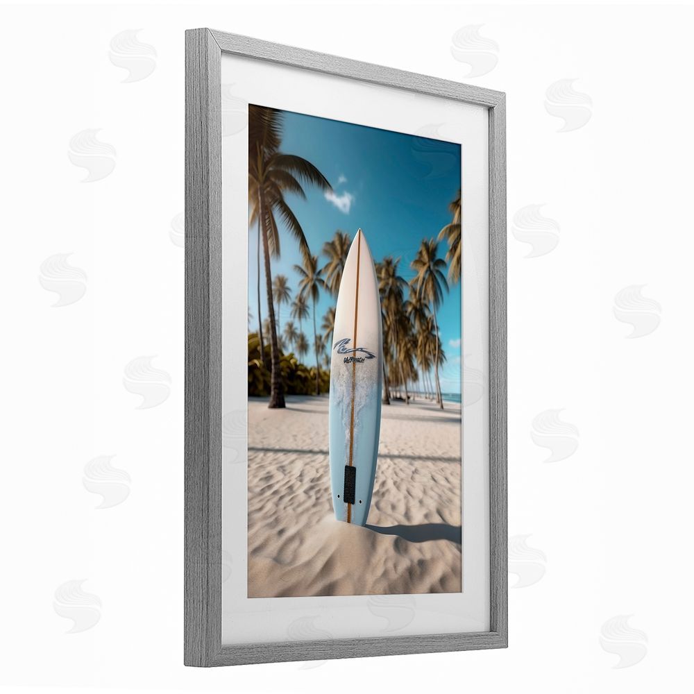 LSR Design Studio Standing Surfboard Coastal Blur Gray Framed Print Under Glass Art