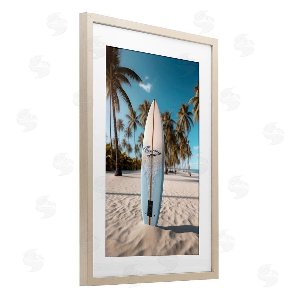 LSR Design Studio Standing Surfboard Coastal Blur Birch Framed Print Under Glass Art