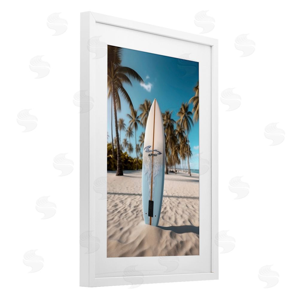 LSR Design Studio Standing Surfboard Coastal Blur White Framed Print Under Glass Art