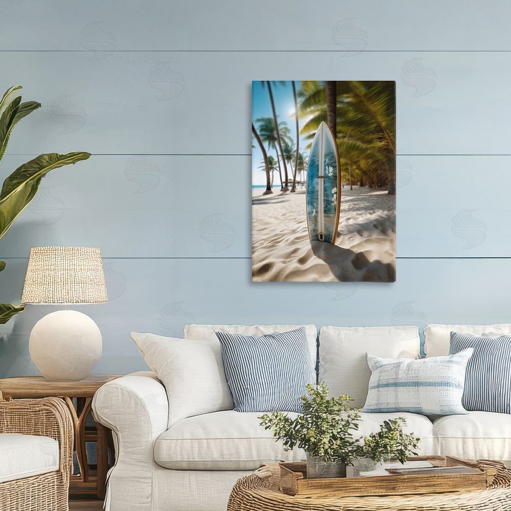 LSR Design Studio Blue Surfboard Coastal Blur Printed Wall Art in Room