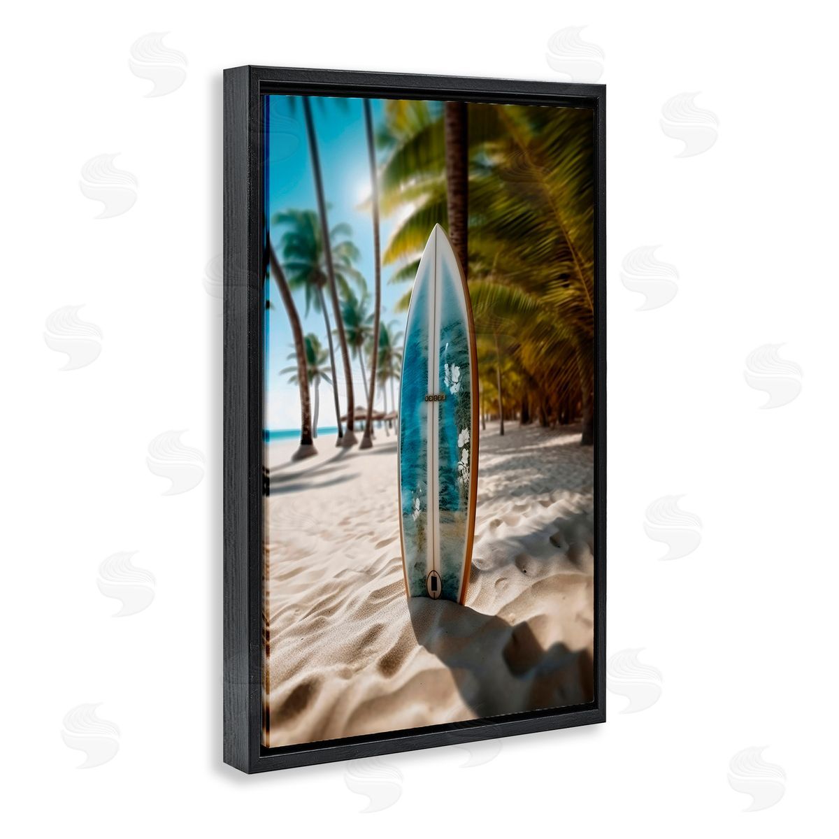 LSR Design Studio Blue Surfboard Coastal Blur Black Floating Frame Canvas Wall Art Print