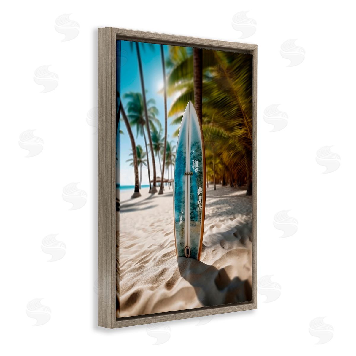 LSR Design Studio Blue Surfboard Coastal Blur Brown Floating Frame Canvas Art Print