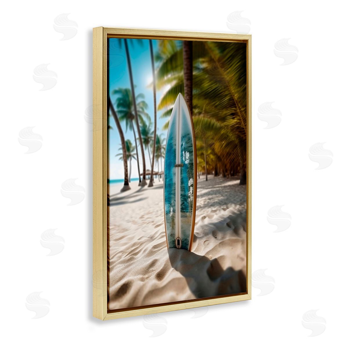 LSR Design Studio Blue Surfboard Coastal Blur Gold Floating Frame Canvas Art Print