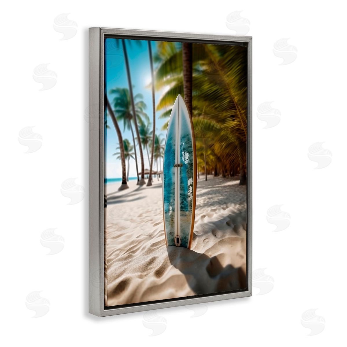 LSR Design Studio Blue Surfboard Coastal Blur Gray Floating Frame Canvas Art Print