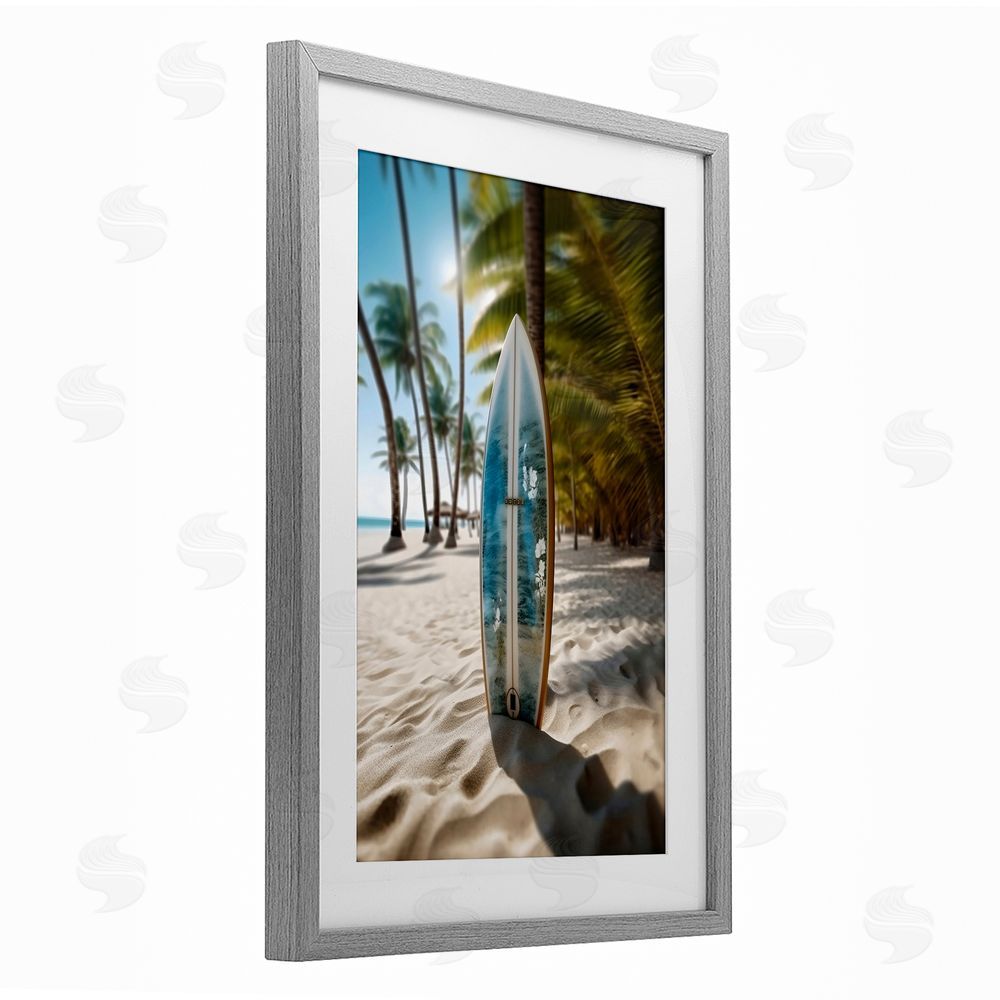 LSR Design Studio Blue Surfboard Coastal Blur Gray Framed Print Under Glass Art