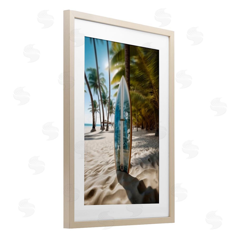 LSR Design Studio Blue Surfboard Coastal Blur Birch Framed Print Under Glass Art