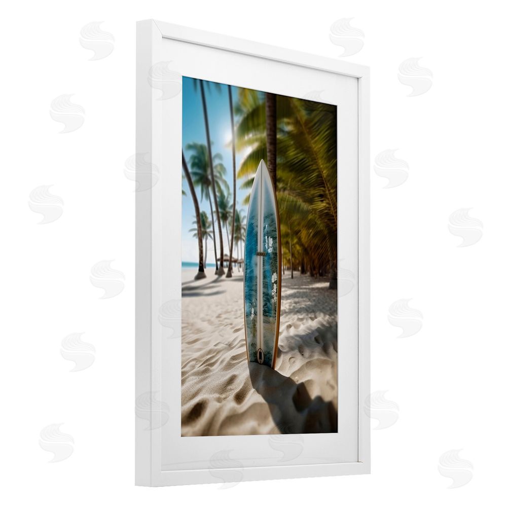 LSR Design Studio Blue Surfboard Coastal Blur White Framed Print Under Glass Art
