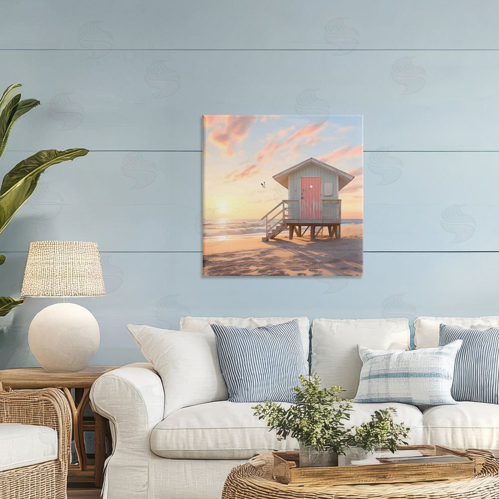 LSR Design Studio Pink Door Beach Hut Printed Wall Art in Room
