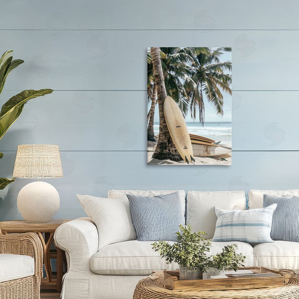 LSR Design Studio Stacked Surfboards & Palm Tree Printed Wall Art in Room