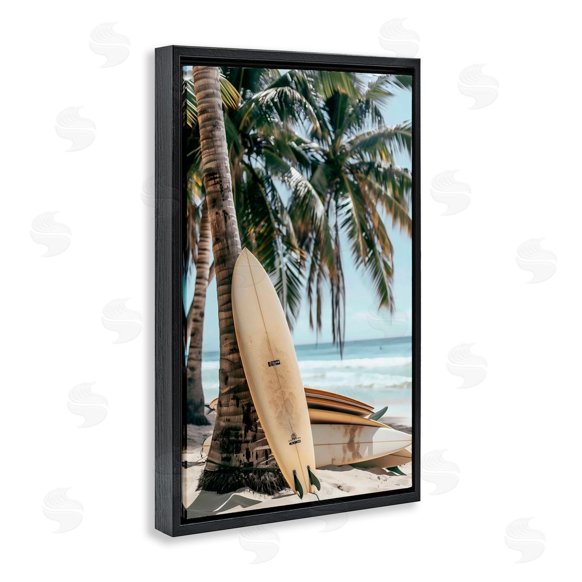 LSR Design Studio Stacked Surfboards & Palm Tree Black Floating Frame Canvas Wall Art Print