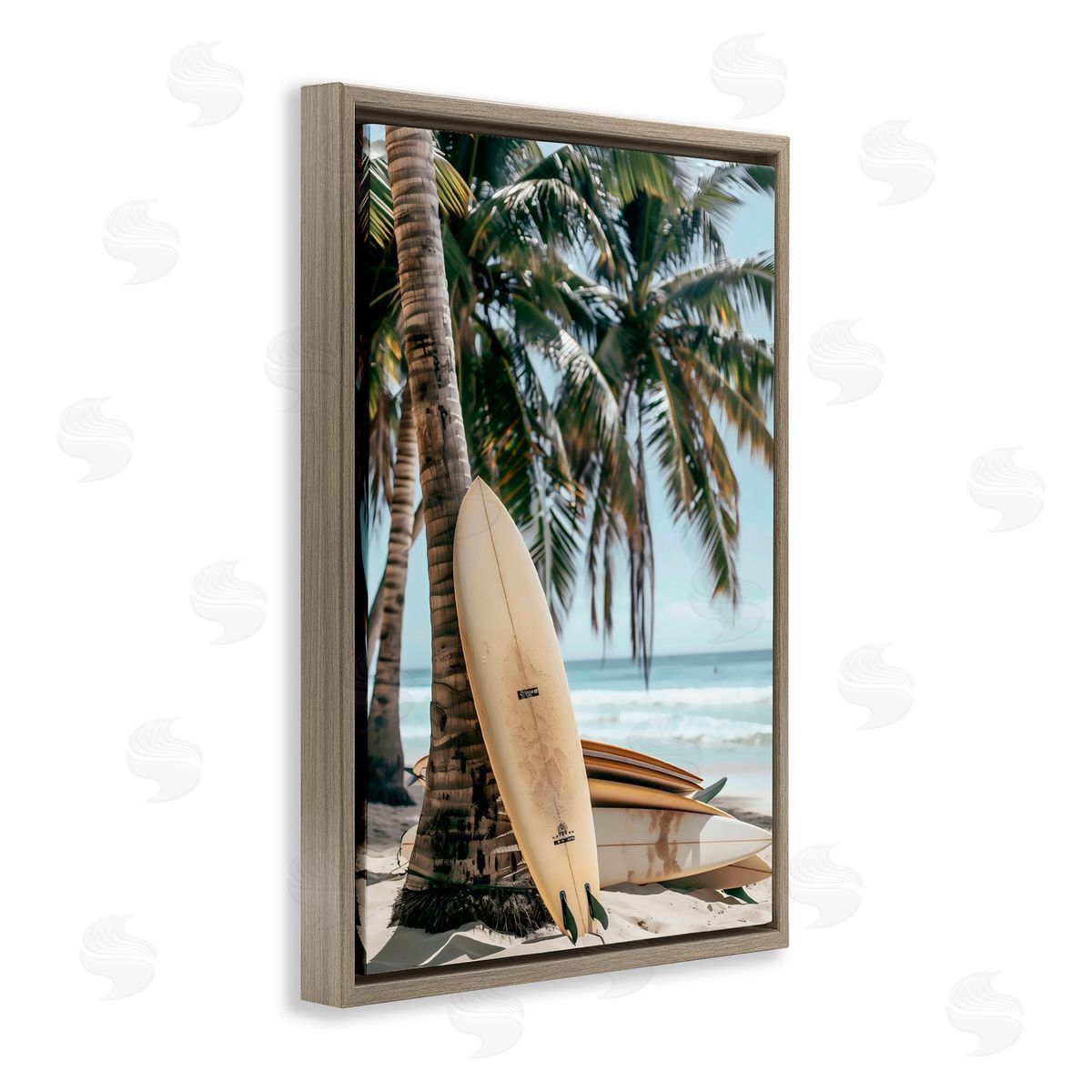 LSR Design Studio Stacked Surfboards & Palm Tree Brown Floating Frame Canvas Art Print