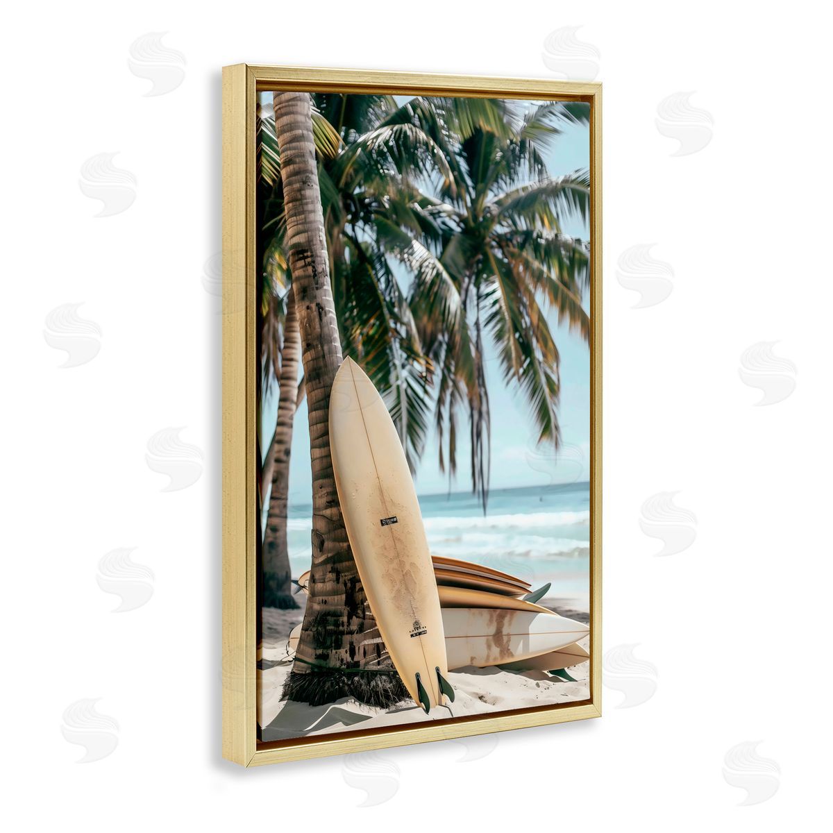 LSR Design Studio Stacked Surfboards & Palm Tree Gold Floating Frame Canvas Art Print