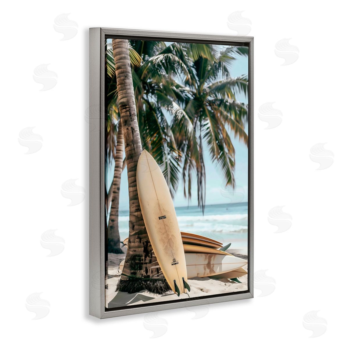 LSR Design Studio Stacked Surfboards & Palm Tree Gray Floating Frame Canvas Art Print