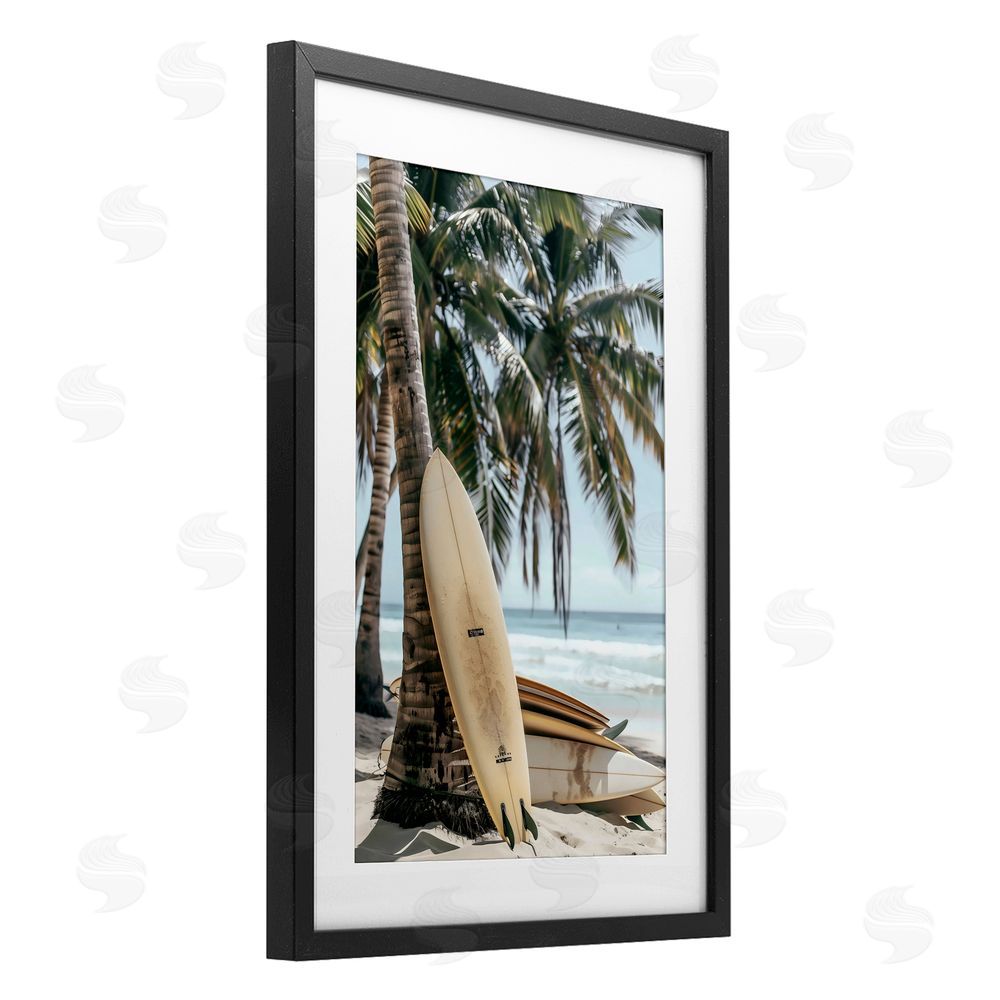 LSR Design Studio Stacked Surfboards & Palm Tree Black Framed Print Under Glass Art