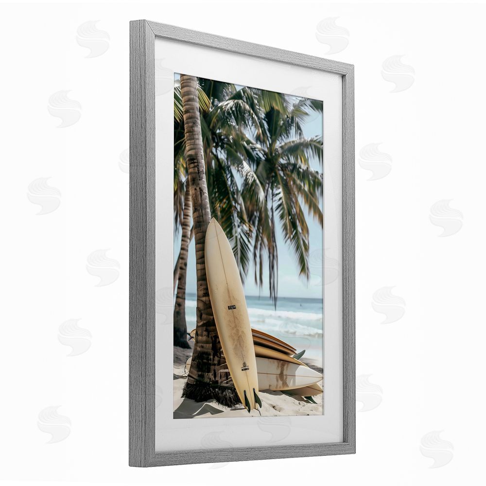 LSR Design Studio Stacked Surfboards & Palm Tree Gray Framed Print Under Glass Art