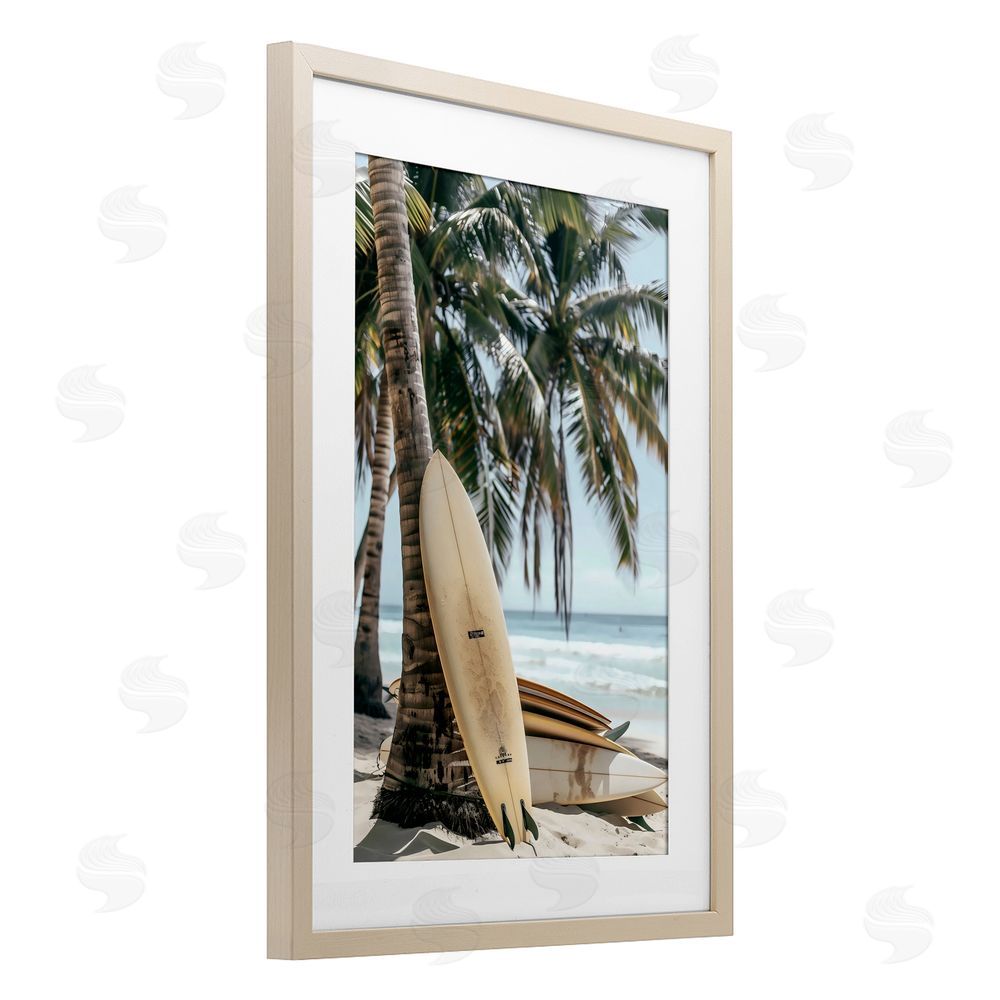 LSR Design Studio Stacked Surfboards & Palm Tree Birch Framed Print Under Glass Art