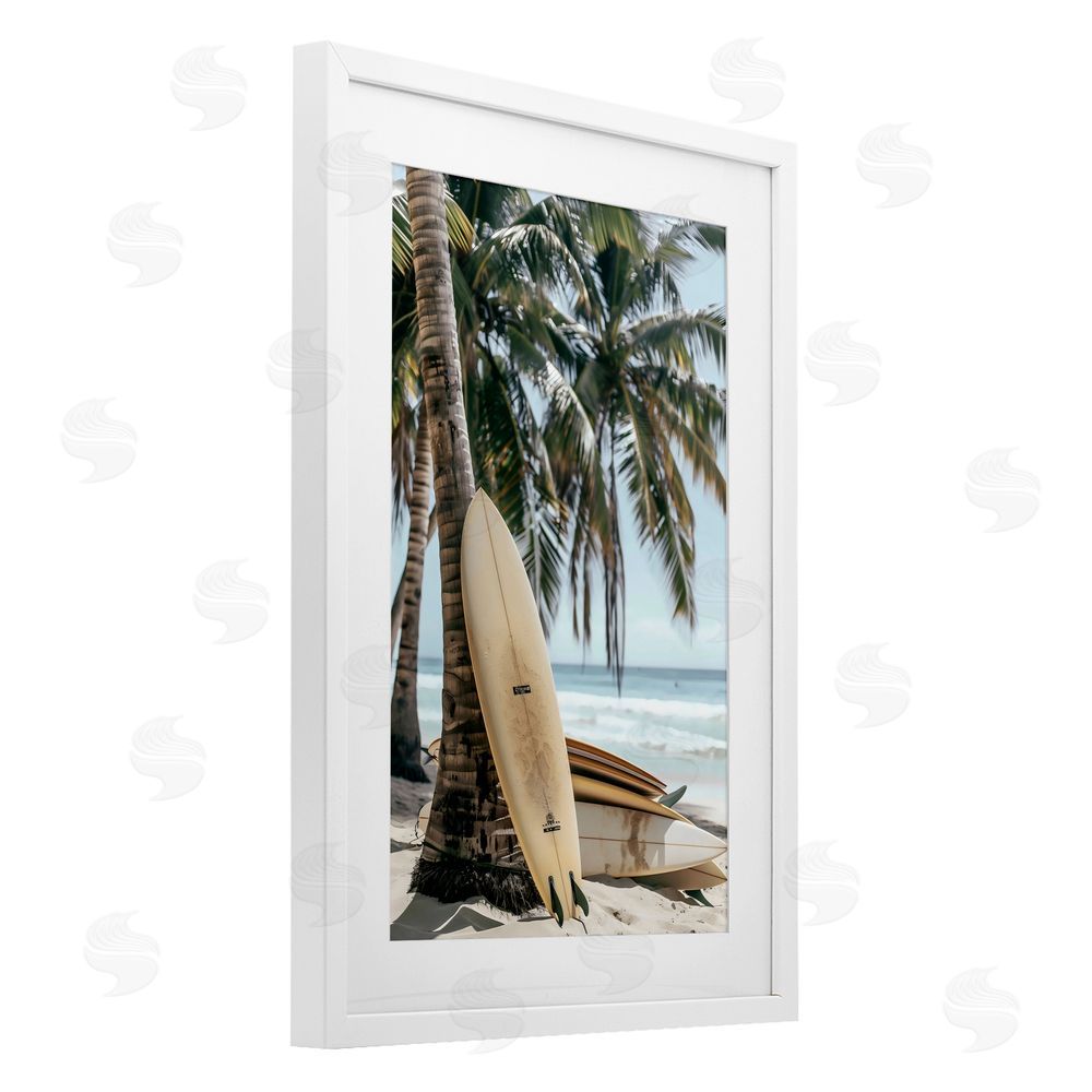 LSR Design Studio Stacked Surfboards & Palm Tree White Framed Print Under Glass Art