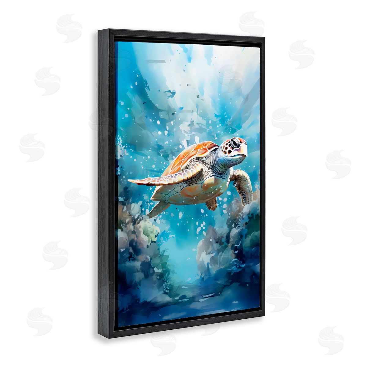 LSR Design Studio Ocean Waves Turtle Undersea Black Floating Frame Canvas Wall Art Print