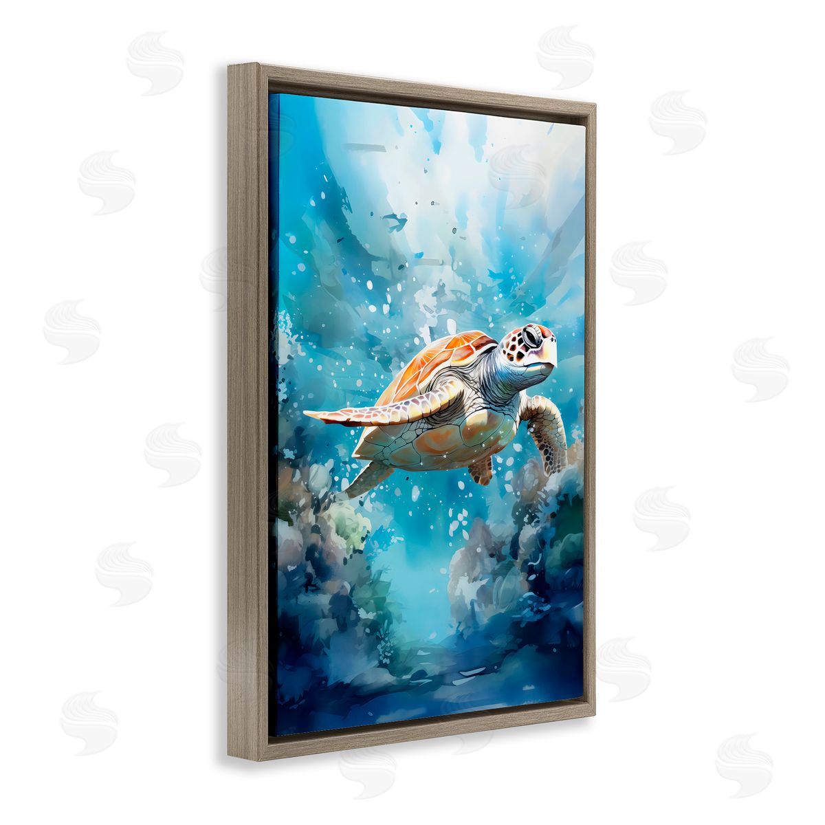 LSR Design Studio Ocean Waves Turtle Undersea Brown Floating Frame Canvas Art Print