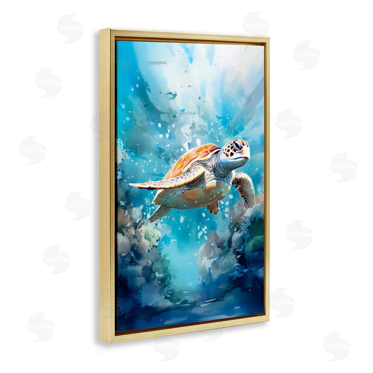 LSR Design Studio Ocean Waves Turtle Undersea Gold Floating Frame Canvas Art Print