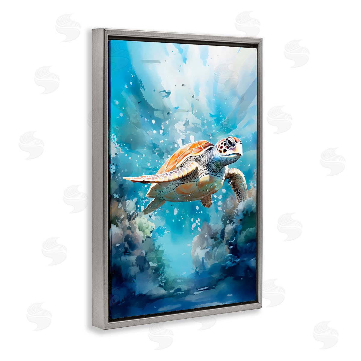 LSR Design Studio Ocean Waves Turtle Undersea Gray Floating Frame Canvas Art Print