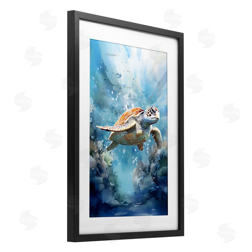 LSR Design Studio Ocean Waves Turtle Undersea Black Framed Print Under Glass Art