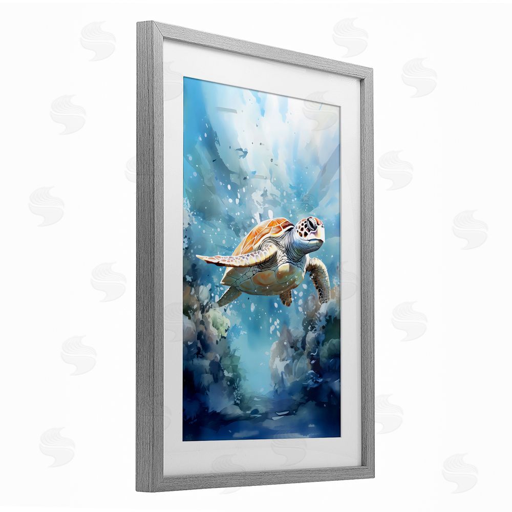 LSR Design Studio Ocean Waves Turtle Undersea Gray Framed Print Under Glass Art