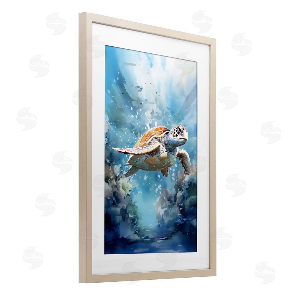 LSR Design Studio Ocean Waves Turtle Undersea Birch Framed Print Under Glass Art