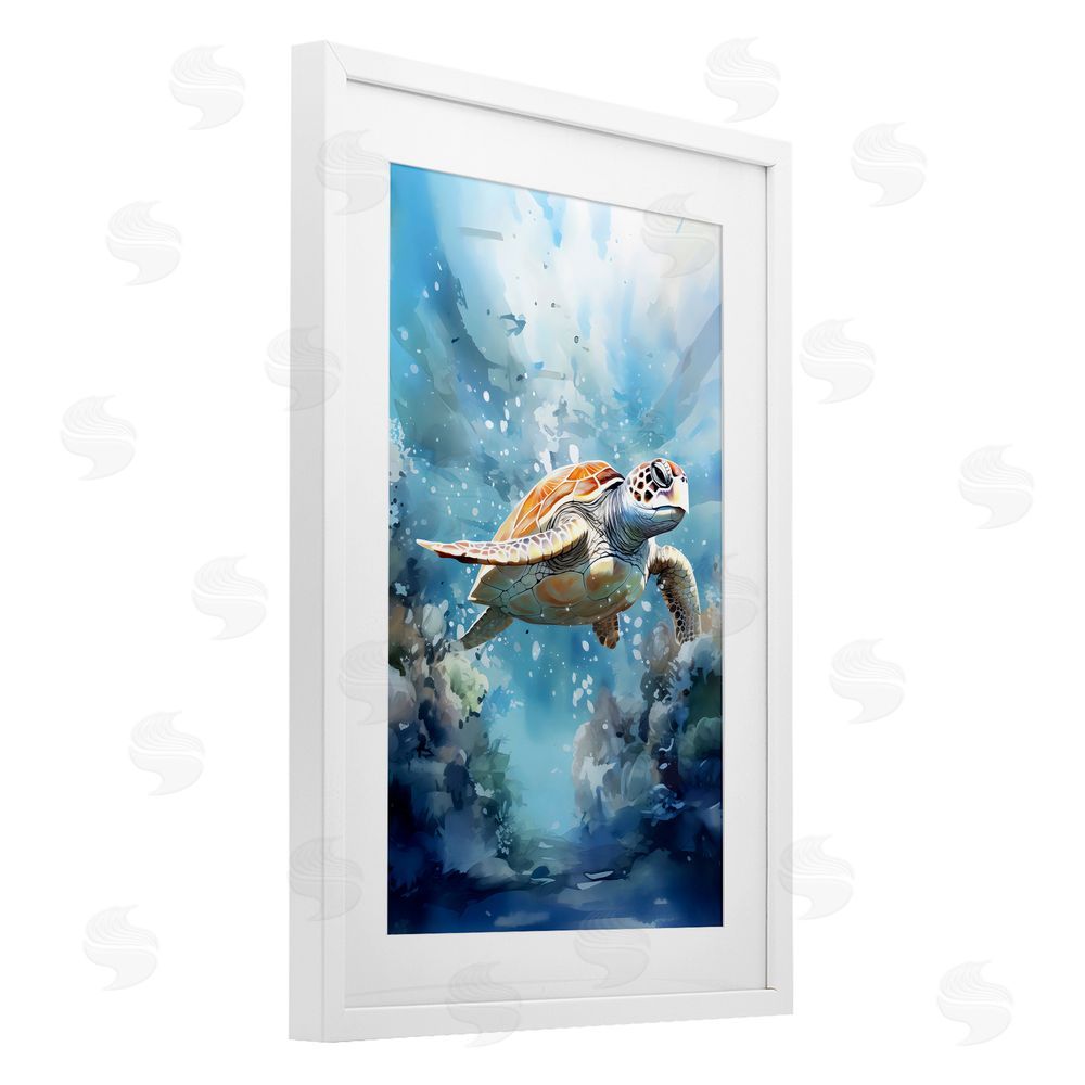 LSR Design Studio Ocean Waves Turtle Undersea White Framed Print Under Glass Art