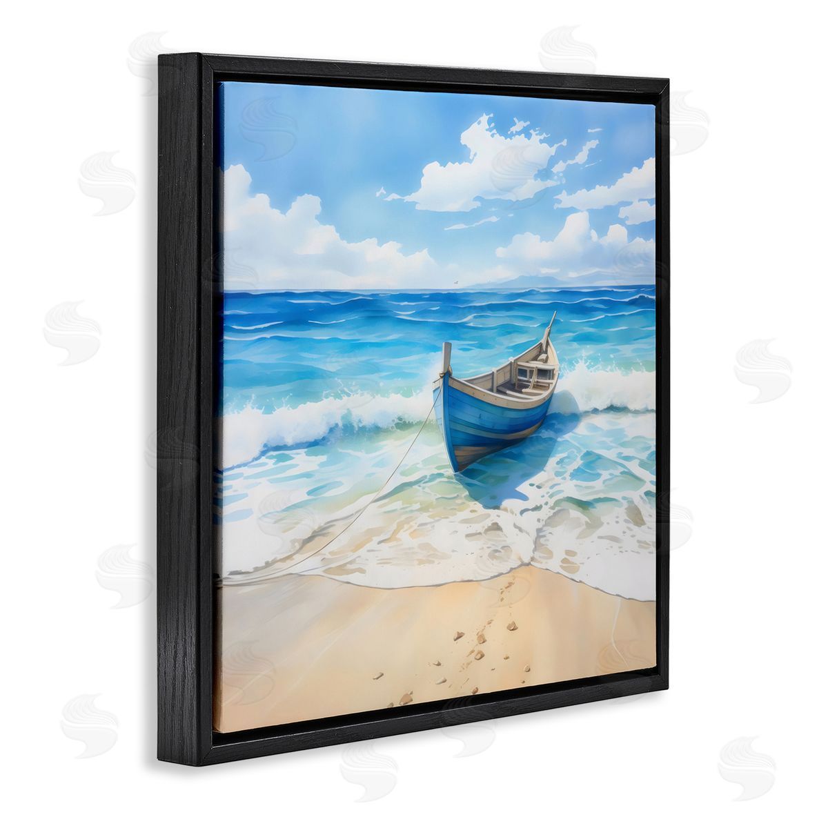 LSR Design Studio Beach Boat Tied on Shore Black Floating Frame Canvas Wall Art Print