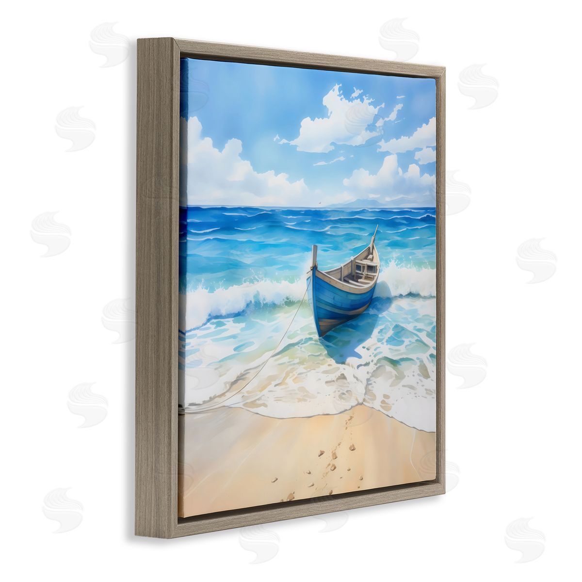 LSR Design Studio Beach Boat Tied on Shore Brown Floating Frame Canvas Art Print