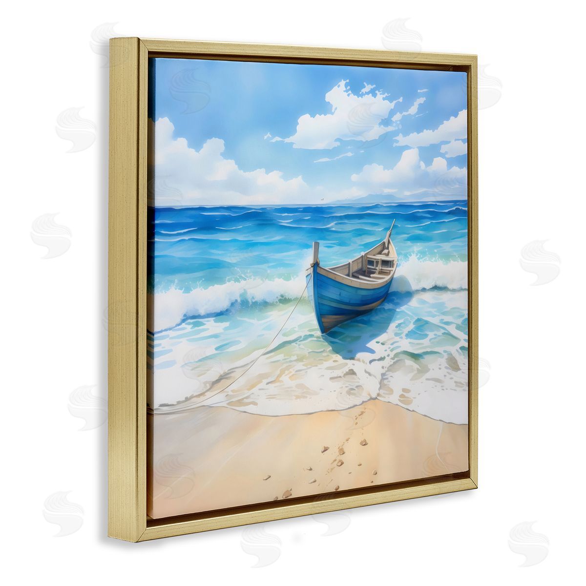 LSR Design Studio Beach Boat Tied on Shore Gold Floating Frame Canvas Art Print