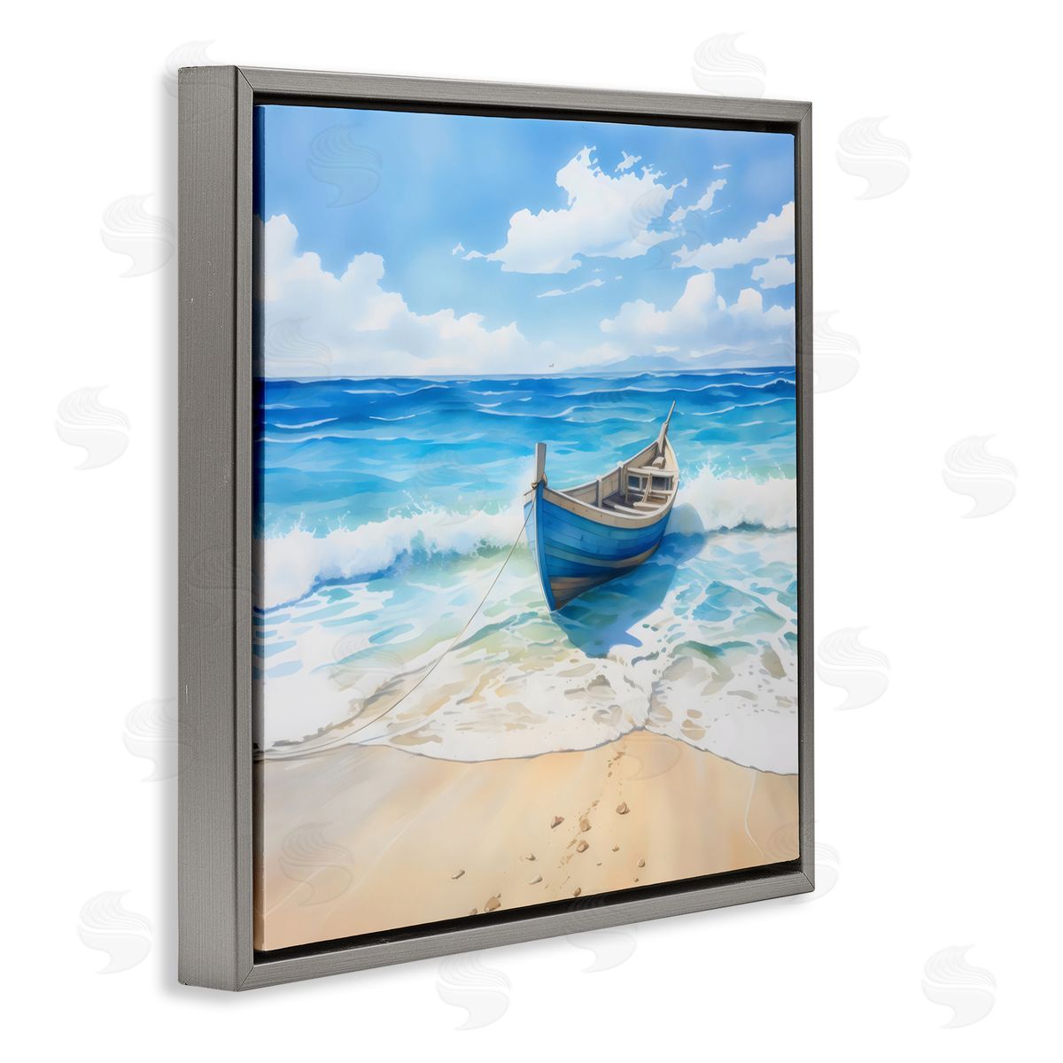 LSR Design Studio Beach Boat Tied on Shore Gray Floating Frame Canvas Art Print