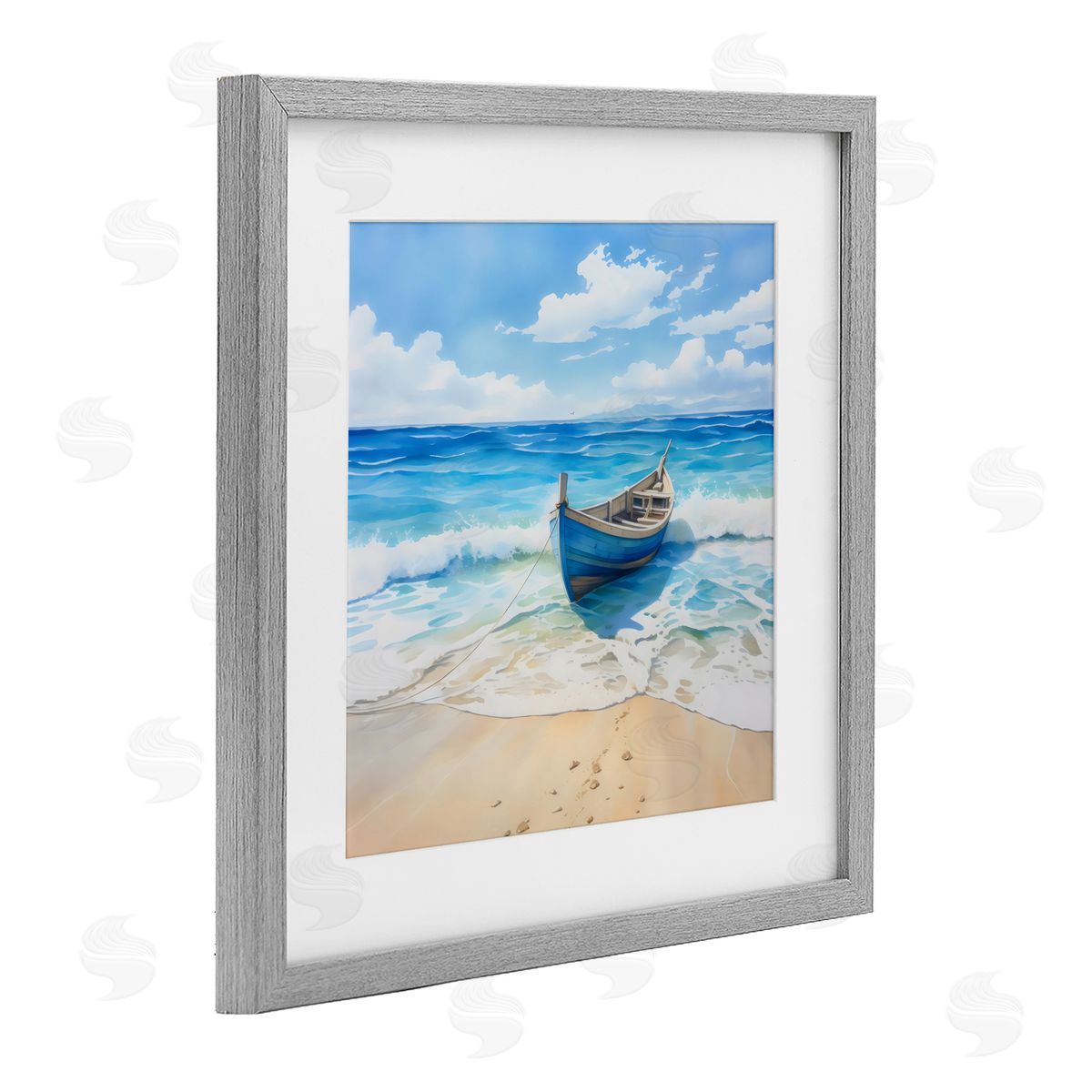 LSR Design Studio Beach Boat Tied on Shore Gray Framed Print Under Glass Art