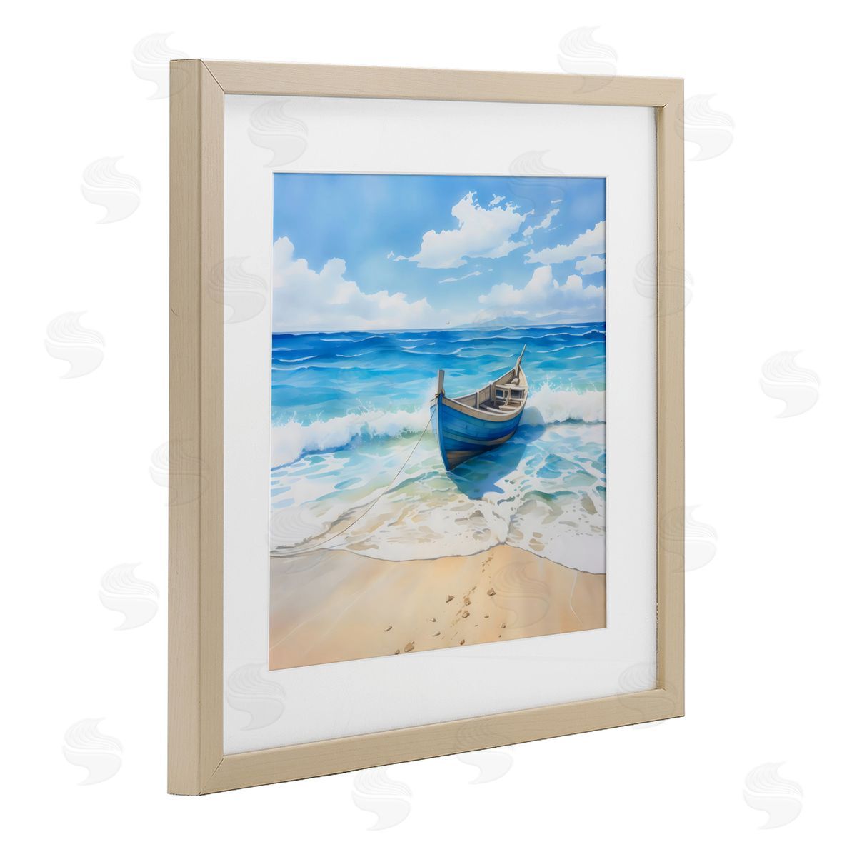 LSR Design Studio Beach Boat Tied on Shore Birch Framed Print Under Glass Art
