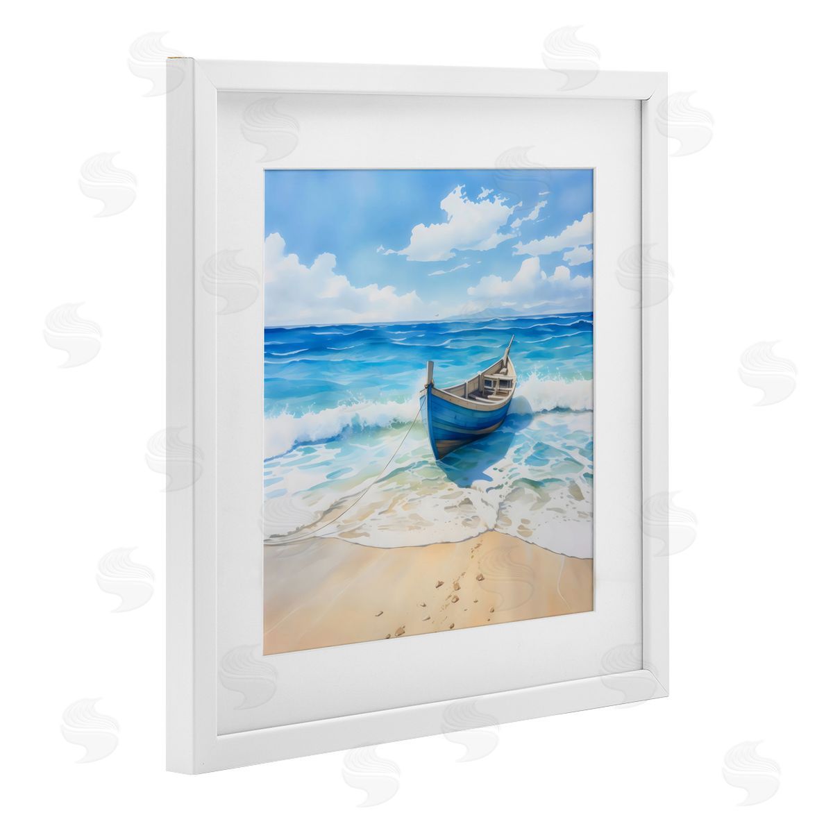 LSR Design Studio Beach Boat Tied on Shore White Framed Print Under Glass Art