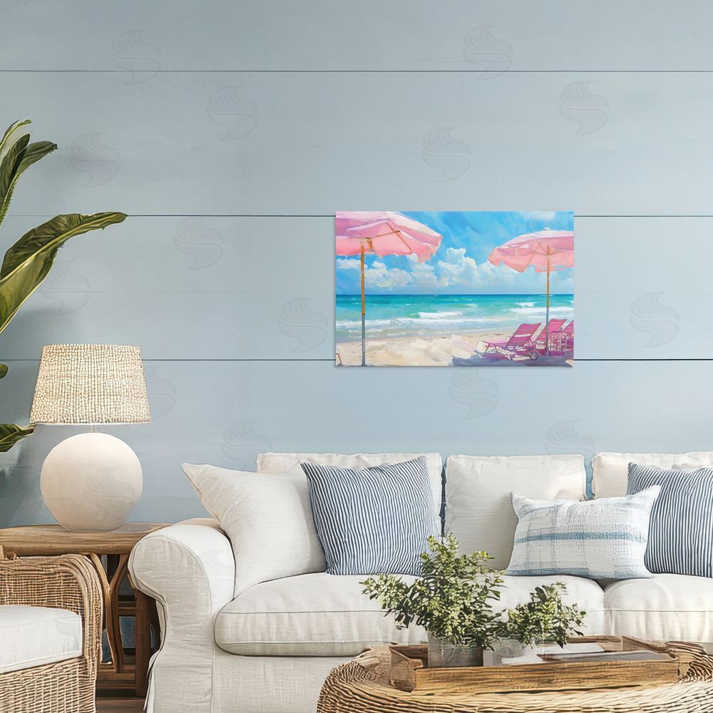 LSR Design Studio Pink Paradise Beach Umbrellas Printed Wall Art in Room