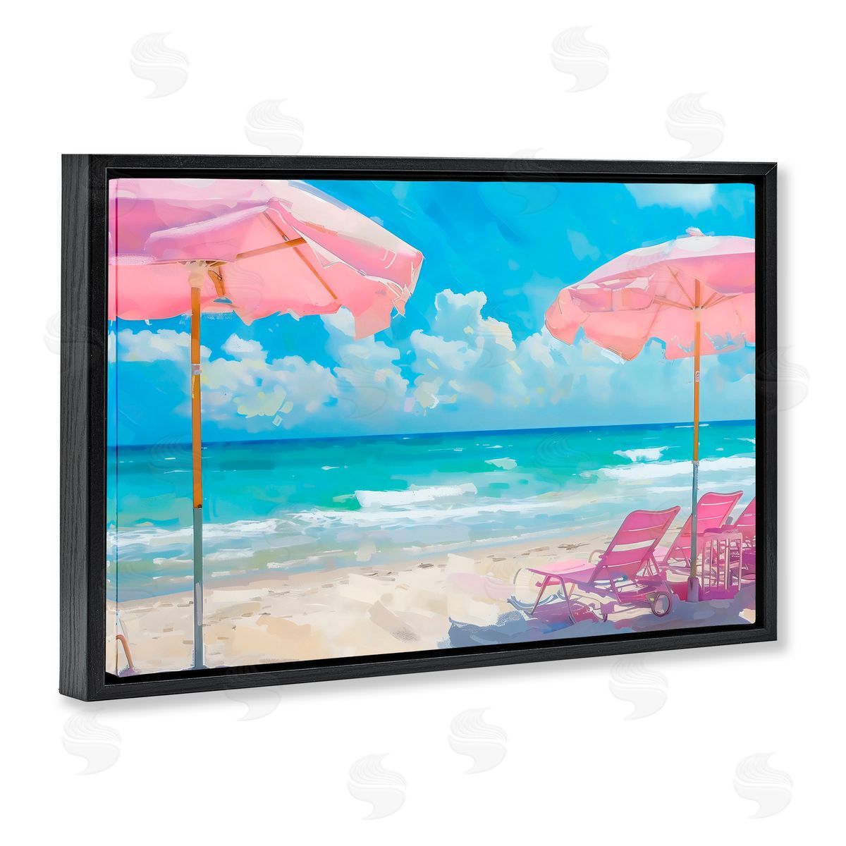 LSR Design Studio Pink Paradise Beach Umbrellas Black Floating Frame Canvas Wall Art Print