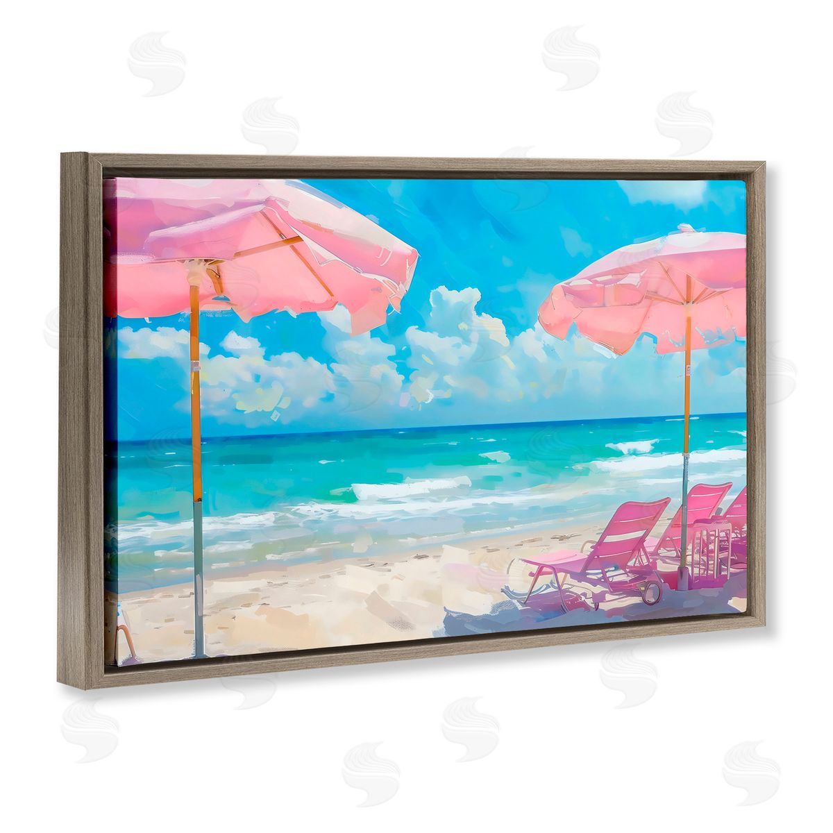 LSR Design Studio Pink Paradise Beach Umbrellas Brown Floating Frame Canvas Art Print
