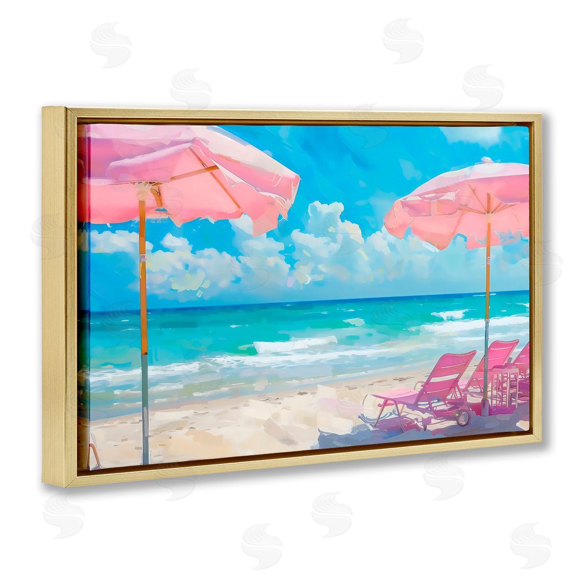 LSR Design Studio Pink Paradise Beach Umbrellas Gold Floating Frame Canvas Art Print