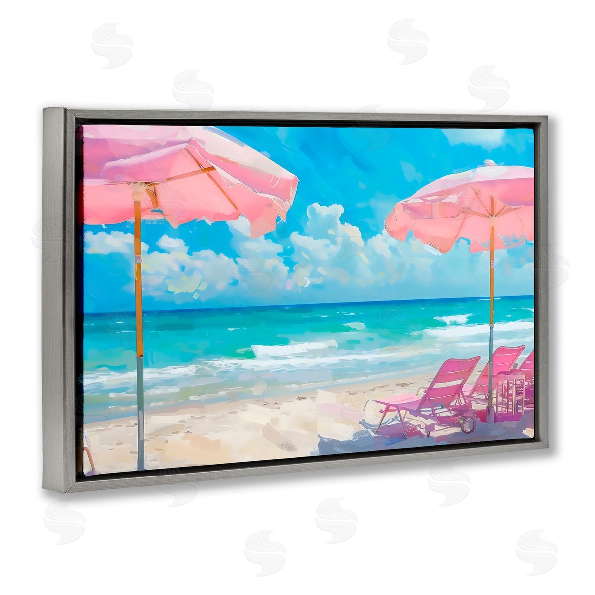 LSR Design Studio Pink Paradise Beach Umbrellas Gray Floating Frame Canvas Art Print