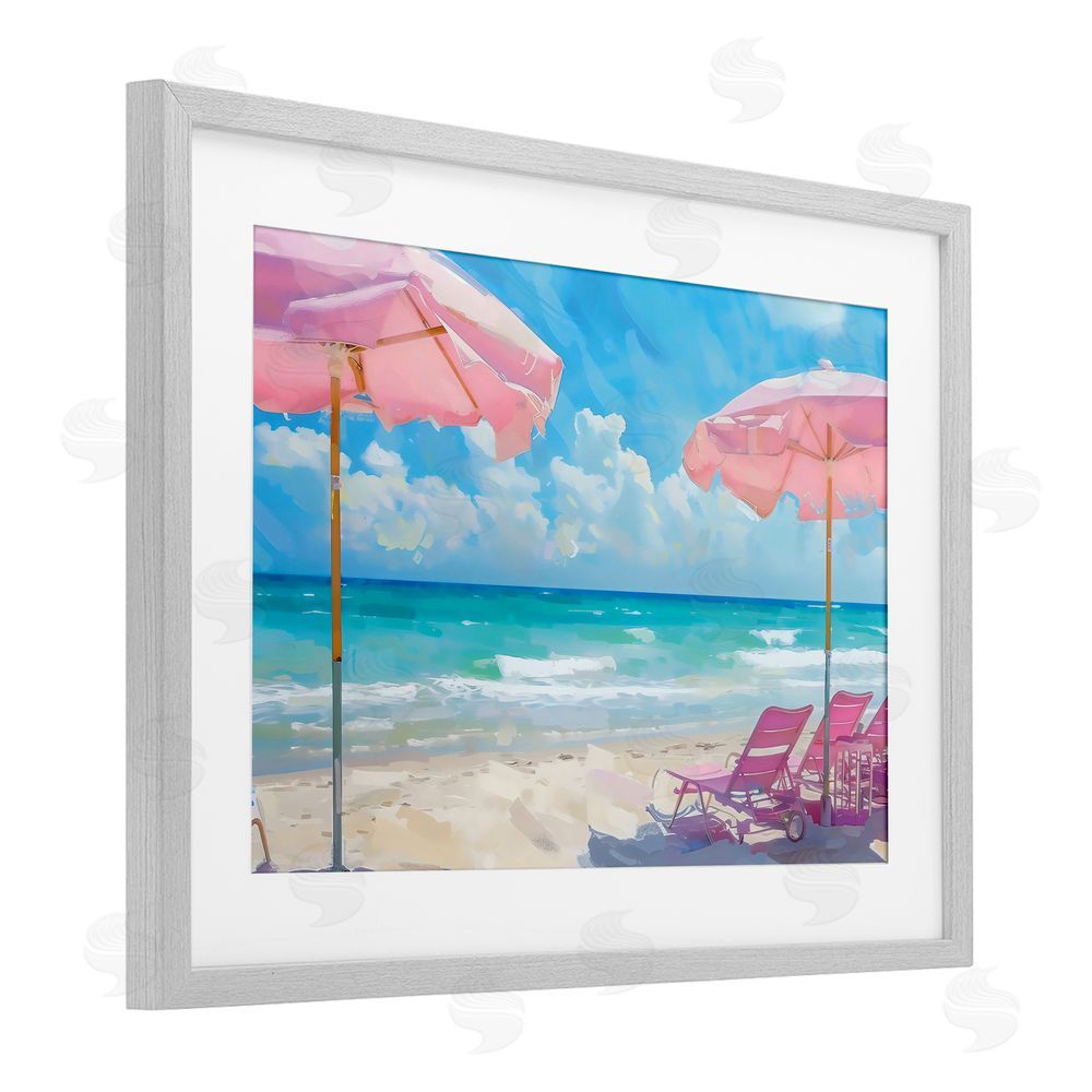 LSR Design Studio Pink Paradise Beach Umbrellas Gray Framed Print Under Glass Art