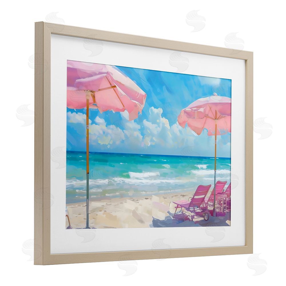 LSR Design Studio Pink Paradise Beach Umbrellas Birch Framed Print Under Glass Art