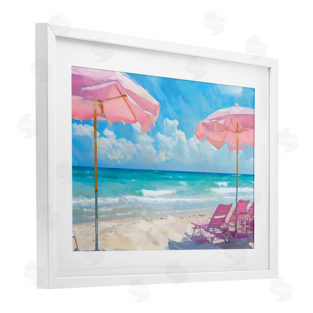 LSR Design Studio Pink Paradise Beach Umbrellas White Framed Print Under Glass Art
